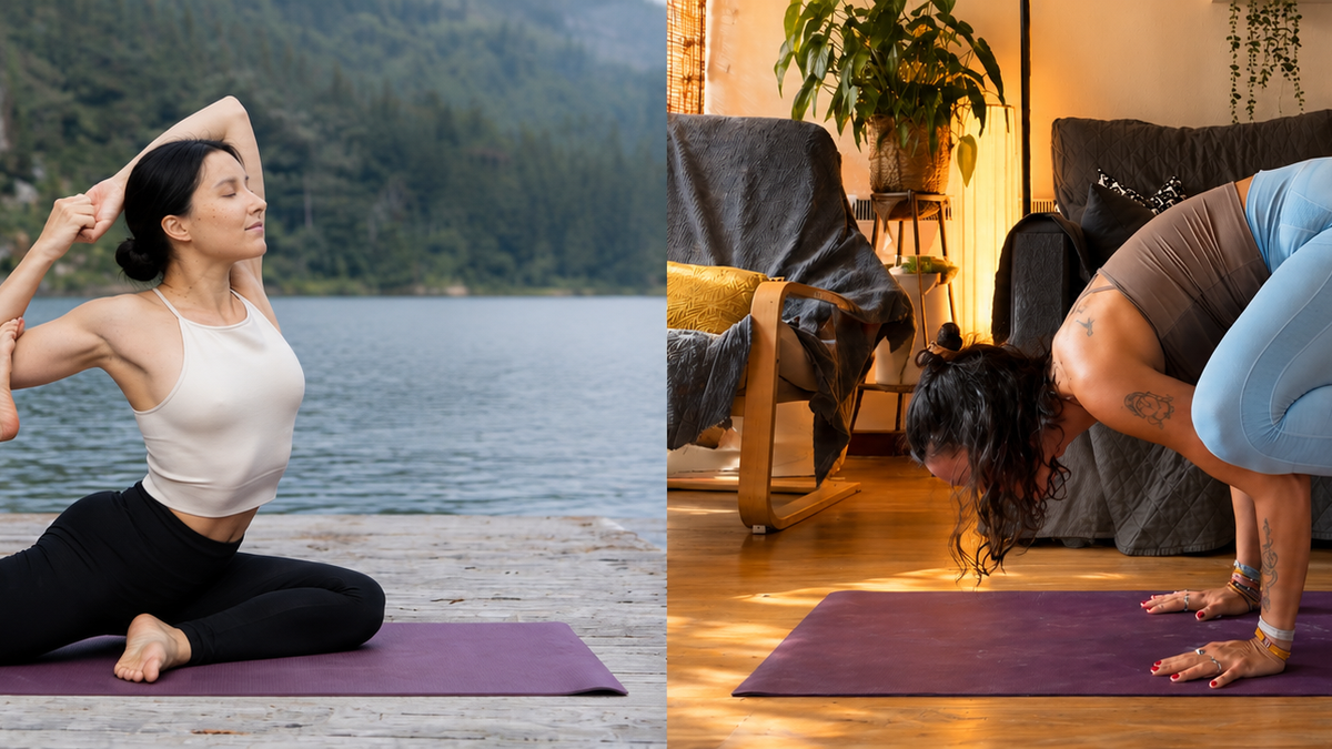 Yoga practice on purple mats: pigeon pose beside a lake and crow pose in a sunlit living room