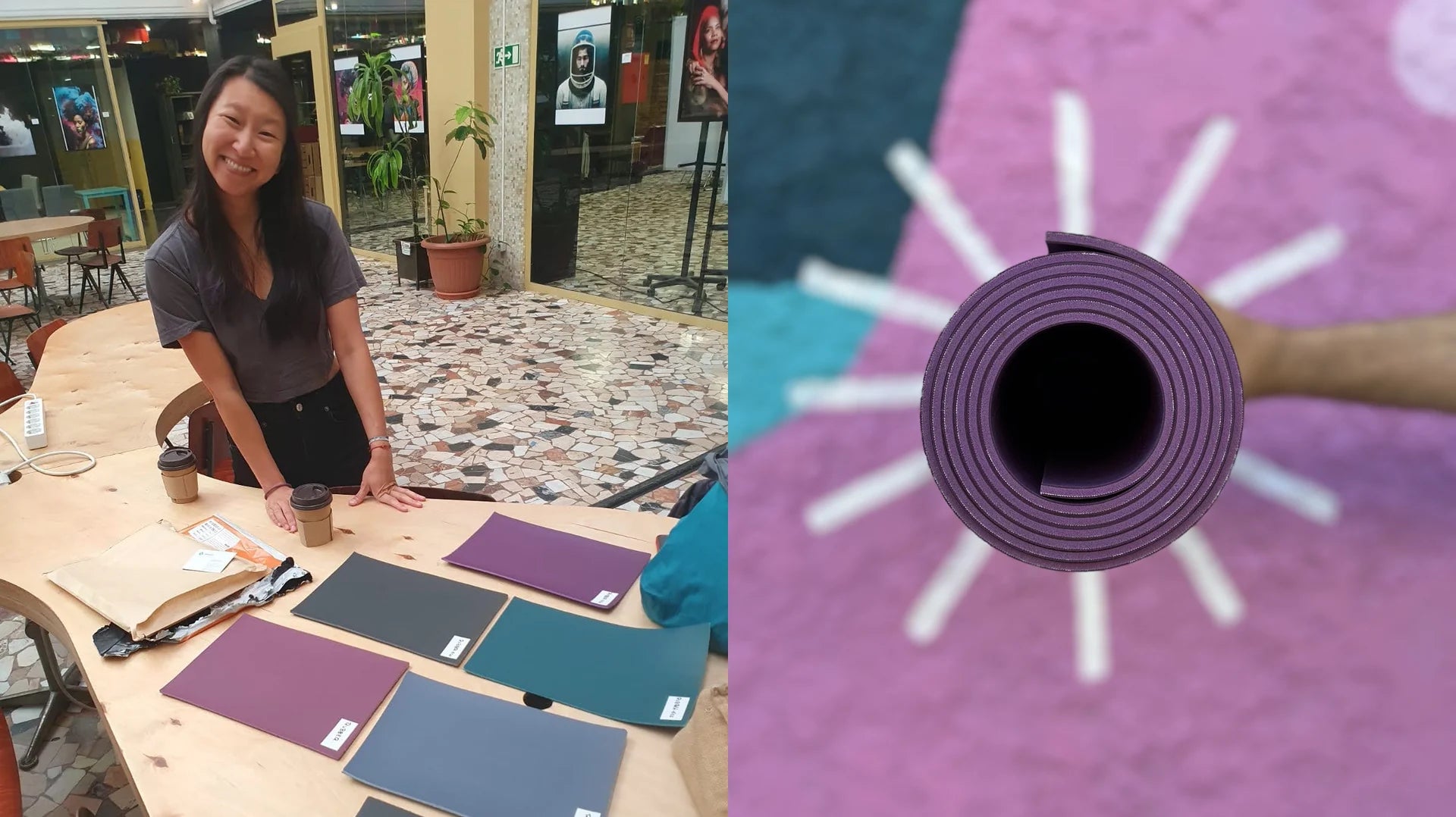 Colour and density material samples laid out on a wooden table, next to the coiled edge of a rolled purple natural rubber mat