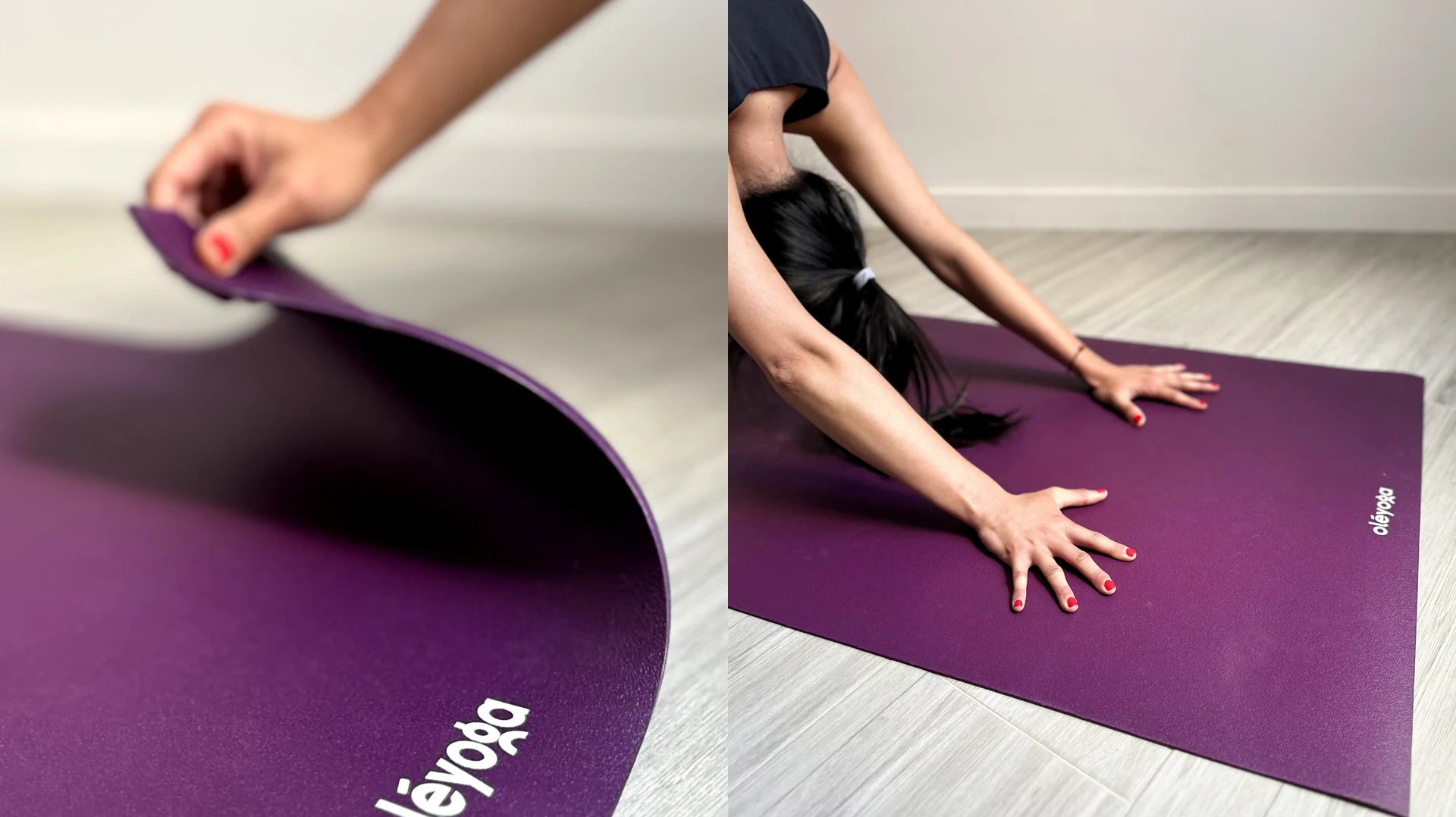 A hand lifting the corner of a purple natural rubber yoga mat, next to two hands pressed flat on the same mat