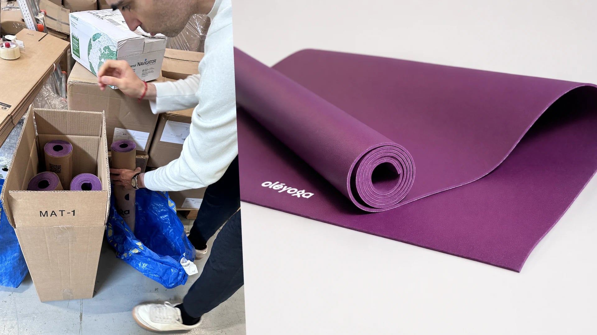 Rolled purple mats being packed into a labelled box in the warehouse, next to a macro of the mat folded over showing its edge