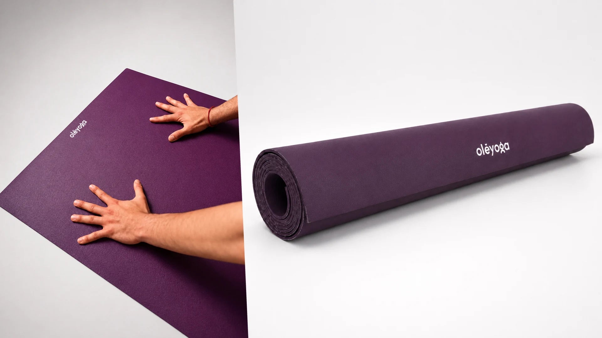 Hands pressing into a purple natural rubber yoga mat, next to the mat rolled showing its open end and grain