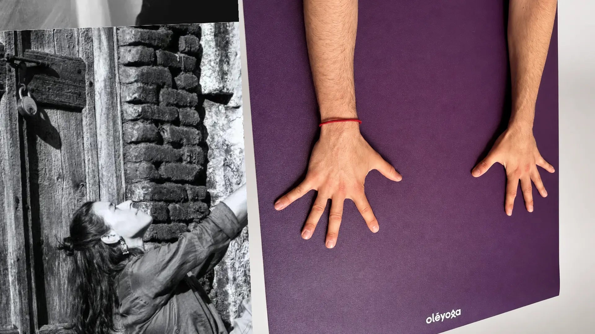 Black and white photo of Lucrecia Laurel reaching up by an old wooden door, next to two hands planted on the purple oléyoga mat