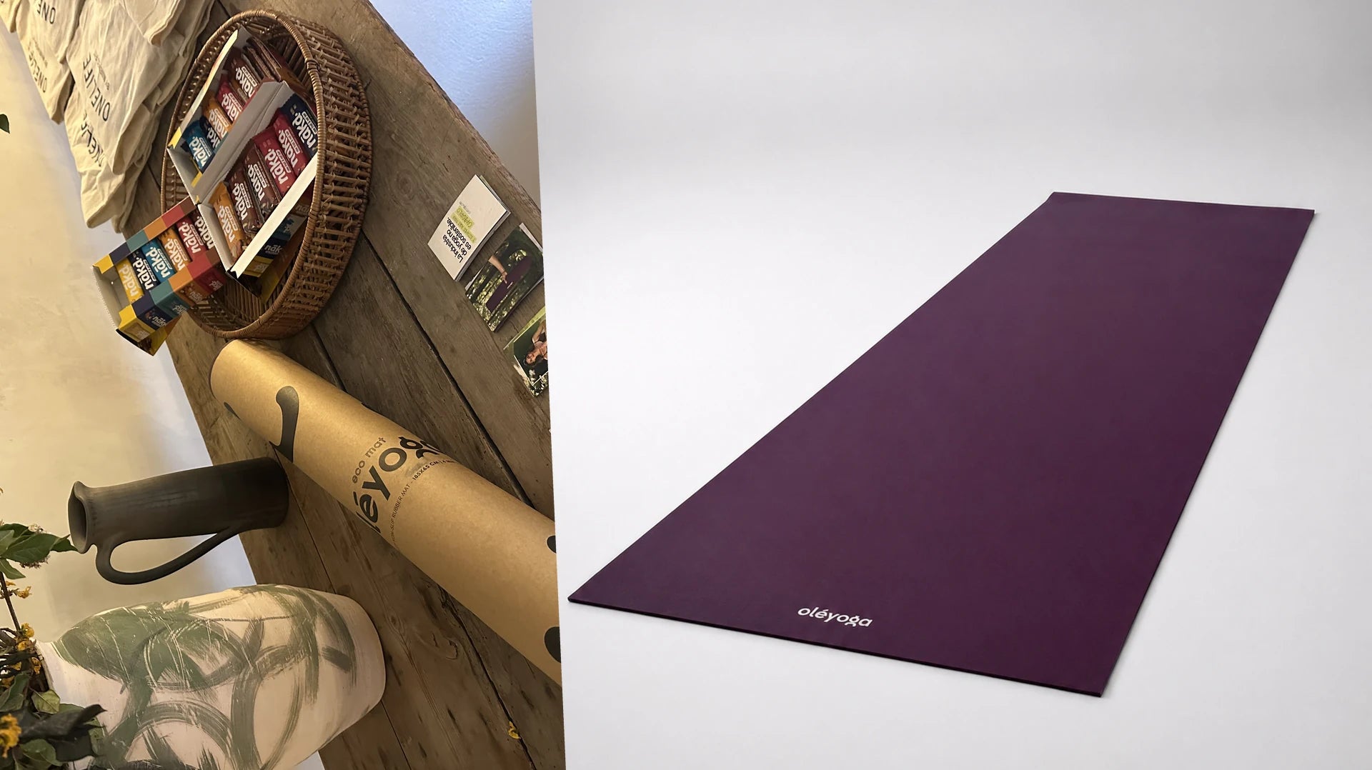 Product table with yoga mat packaging, next to an unrolled purple natural rubber mat