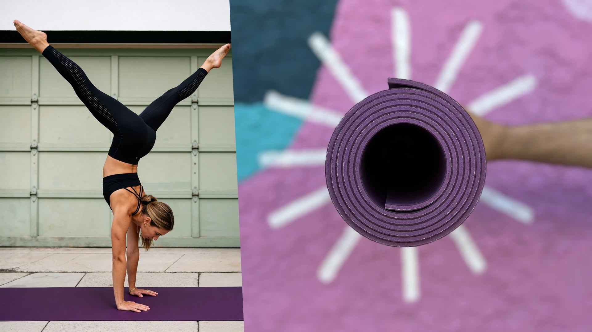 Handstand against an industrial green door, next to the rolled purple mat held against a mural with painted rays