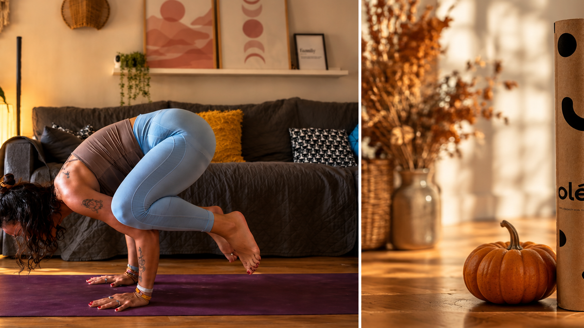 Autumn diptych: yoga on a purple mat and oléyoga packaging beside a pumpkin