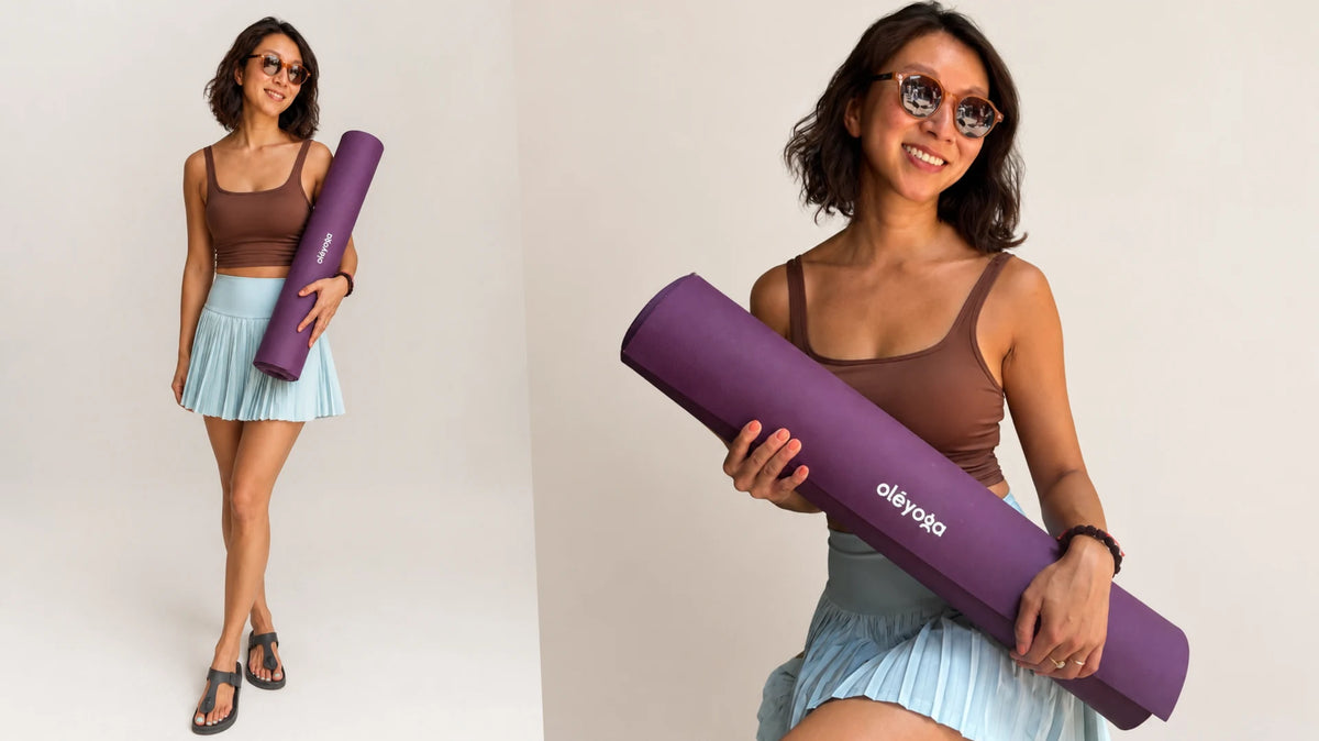 Model standing with the rolled purple oléyoga Eco Daily yoga mat, and a closer frame of the same mat with the wordmark visible