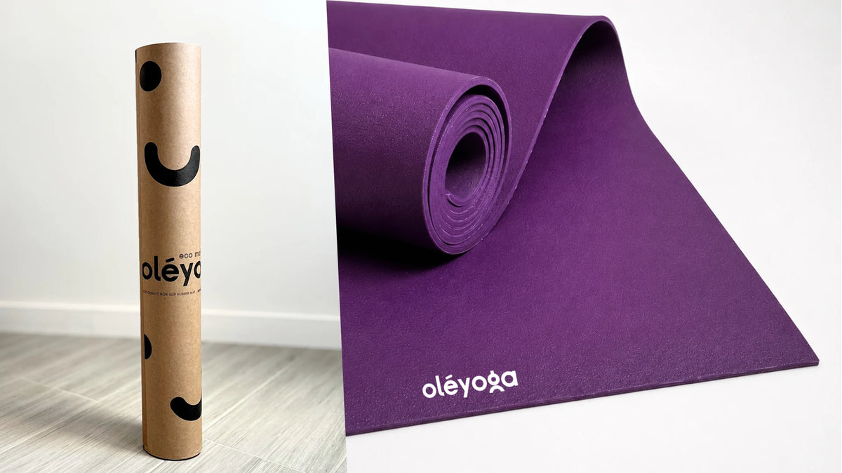 Close detail of natural rubber practice, next to a macro of the purple mat edge and grain