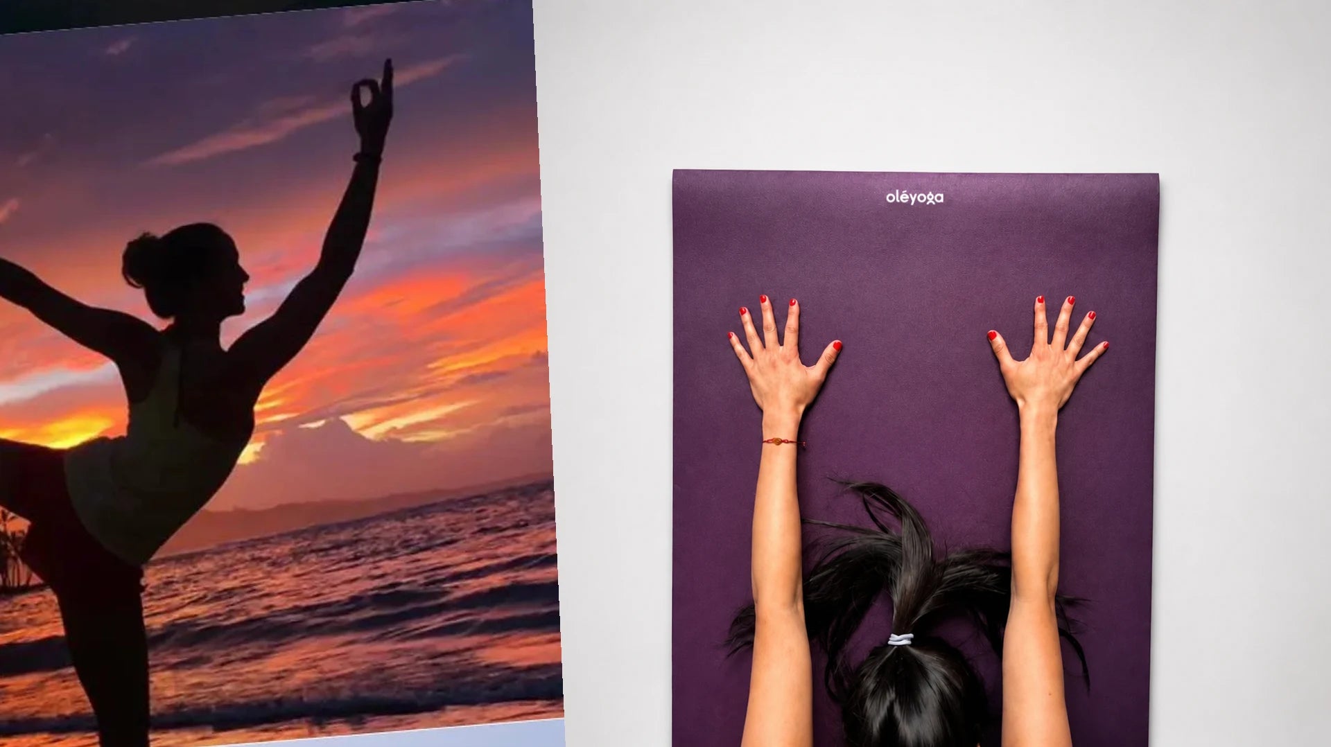 Silhouette in dancer pose against a sunset sea, next to arms reaching up the purple oléyoga mat seen from above