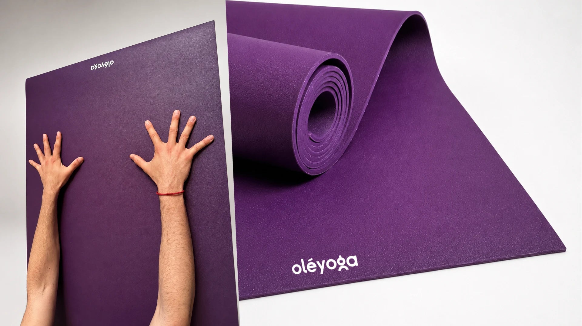 Two hands pressed flat on a purple natural rubber mat, next to a close-up of the mat coiled edge and grain