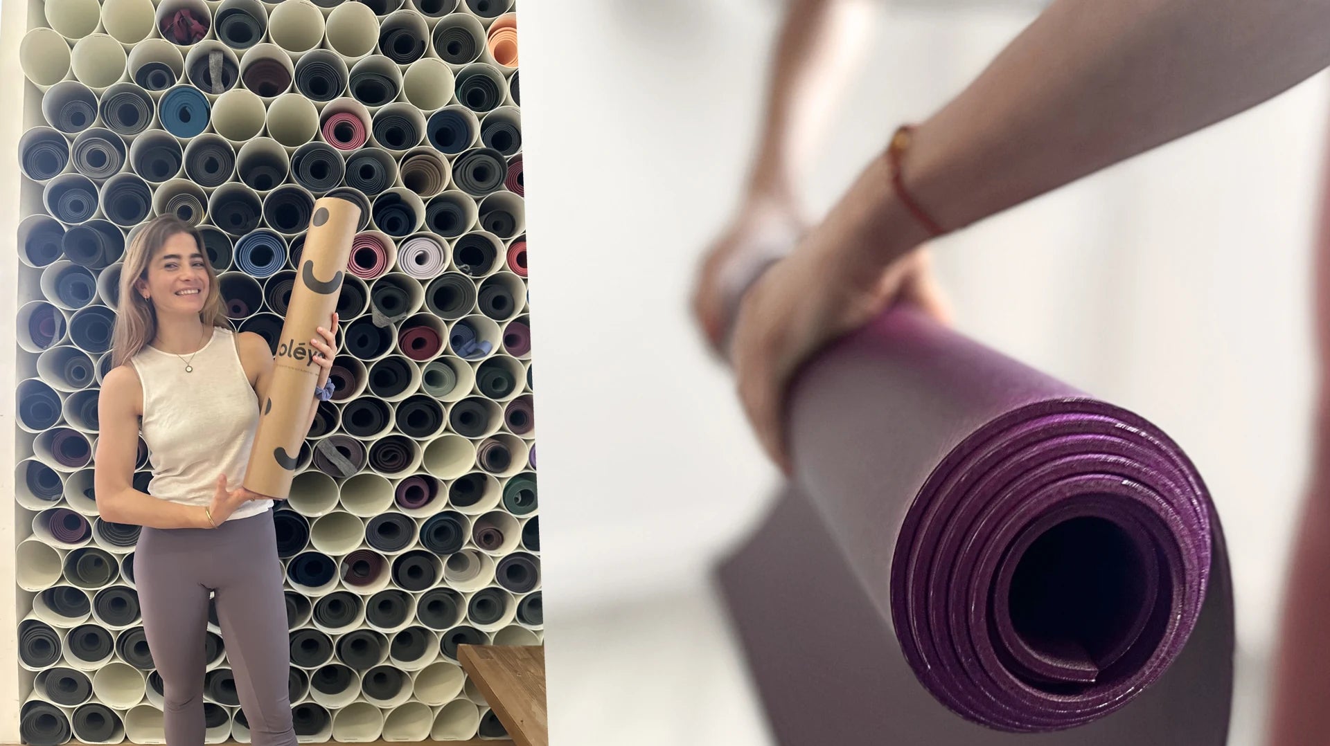Left, a woman holding a rolled oléyoga mat in its tube in front of a wall stacked with rolled yoga mats. Right, a close-up of the purple natural rubber mat rolled up and carried in one hand.