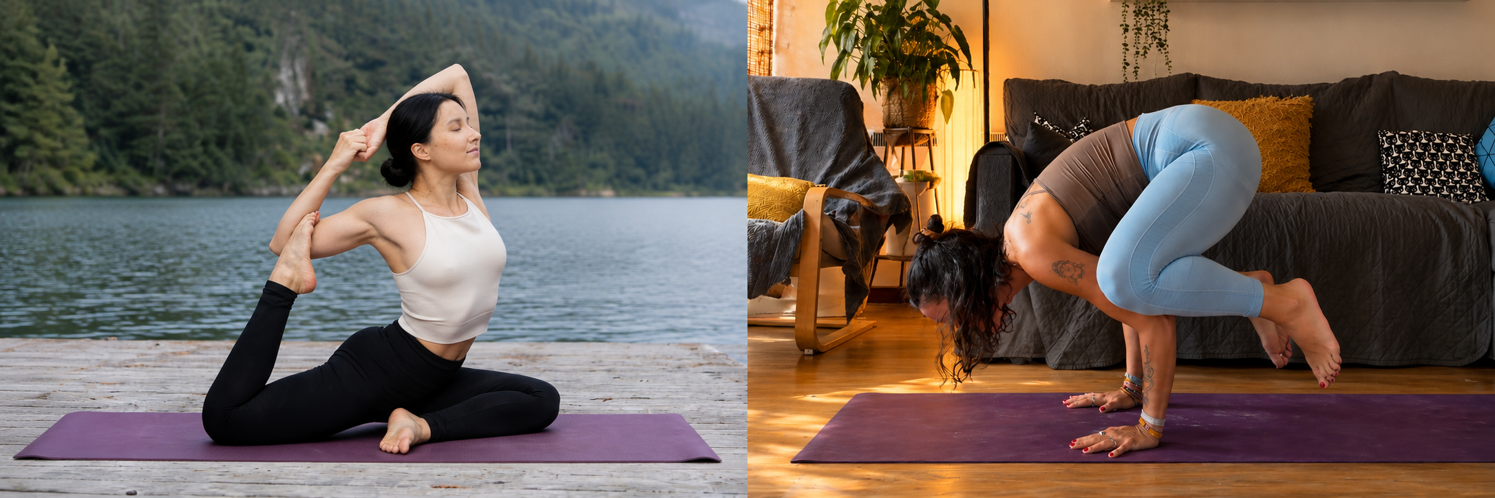 Yoga practice on purple mats: pigeon pose beside a lake and crow pose in a sunlit living room