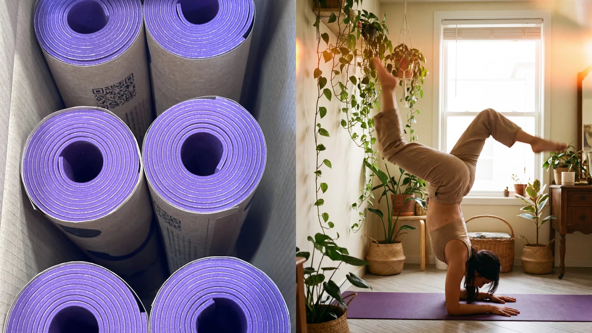 Rolled purple yoga mats inside kraft paper tubes seen from above, next to a woman practising by an open window surrounded by plants