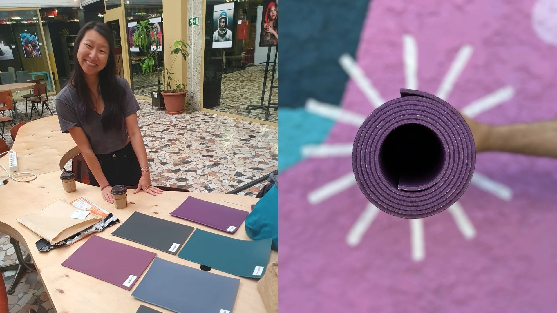 Colour and density material samples laid out on a wooden table, next to the coiled edge of a rolled purple natural rubber mat