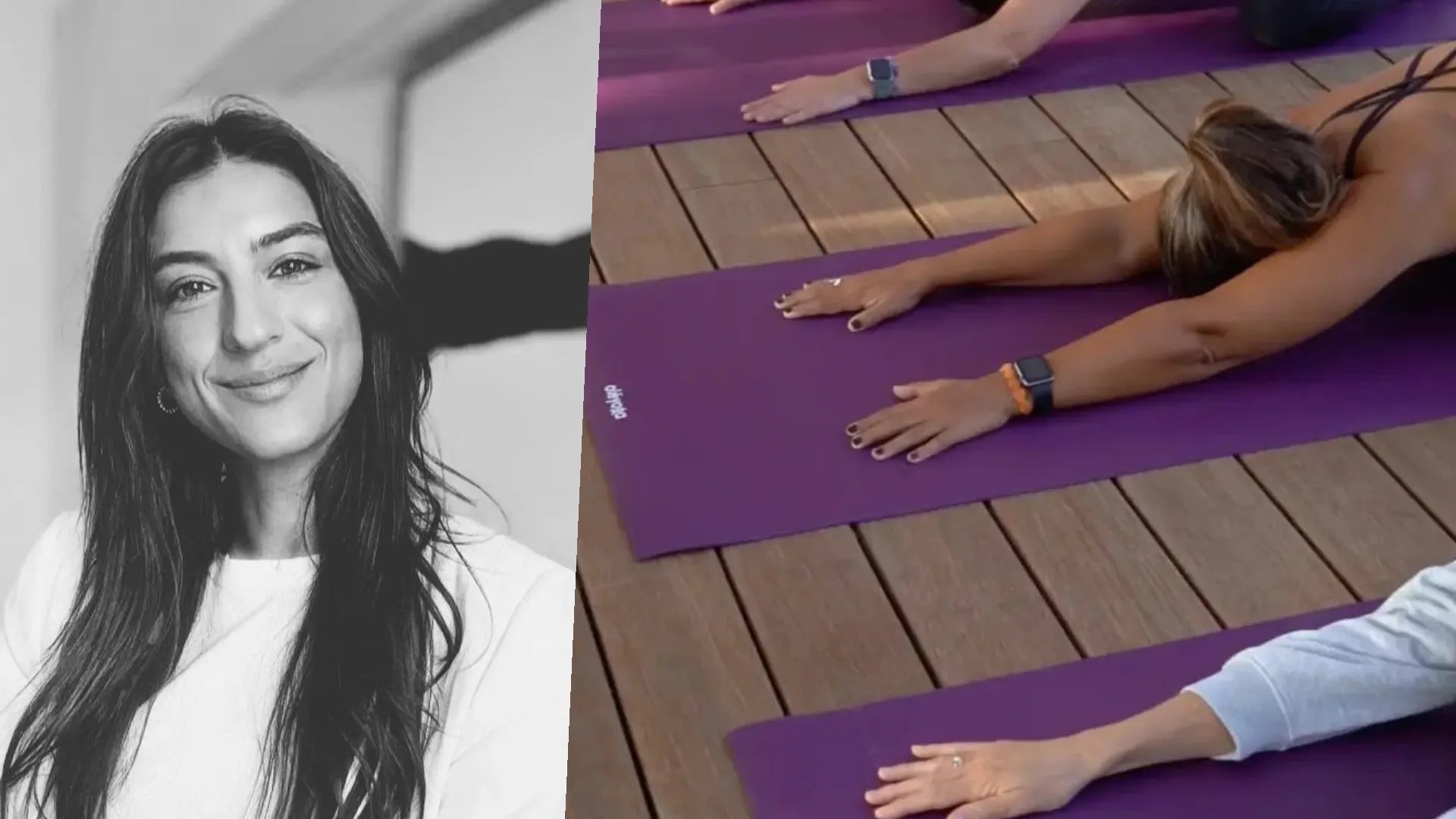 Black and white portrait of Kathi Rüd smiling, next to hands stretched forward in child's pose on purple oléyoga mats on wooden decking
