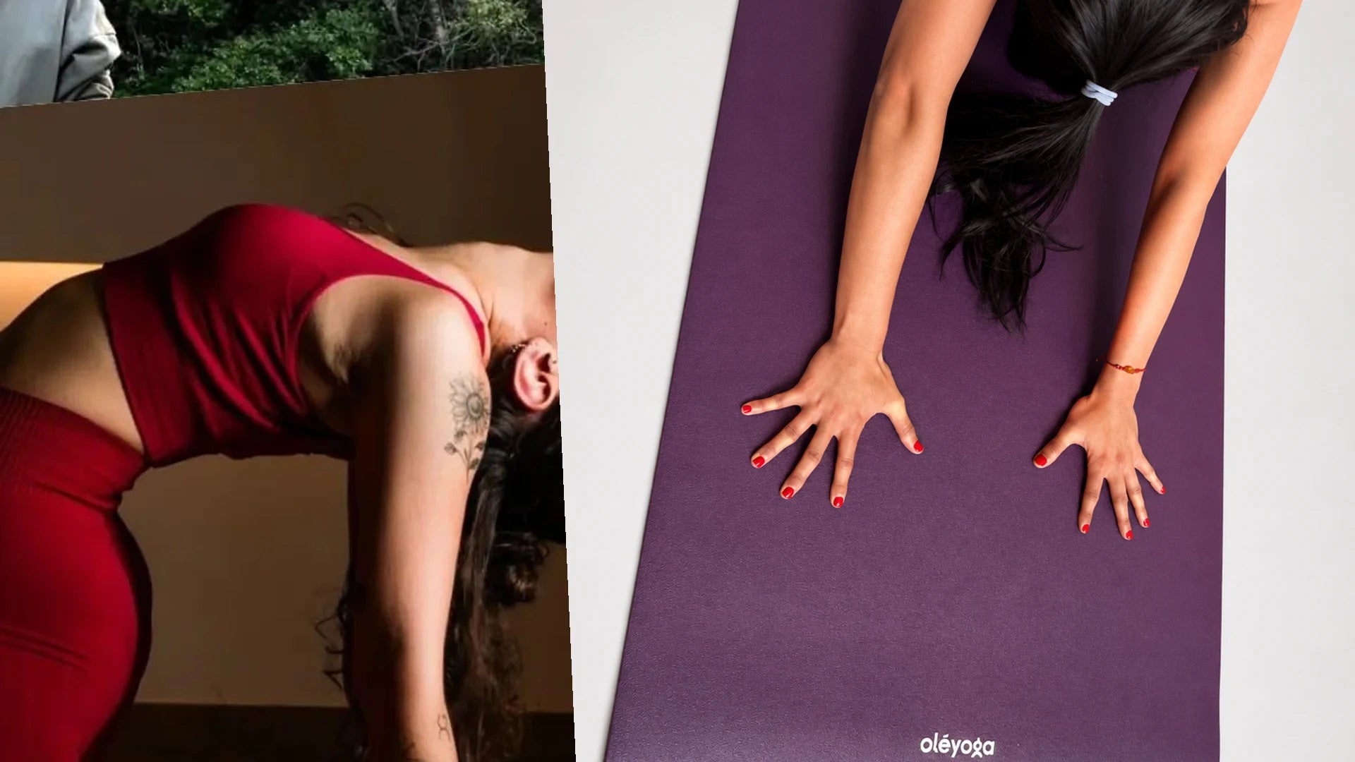 Verónica Arroyo in a deep backbend in warm light, next to hands pressed on the purple oléyoga mat seen from above