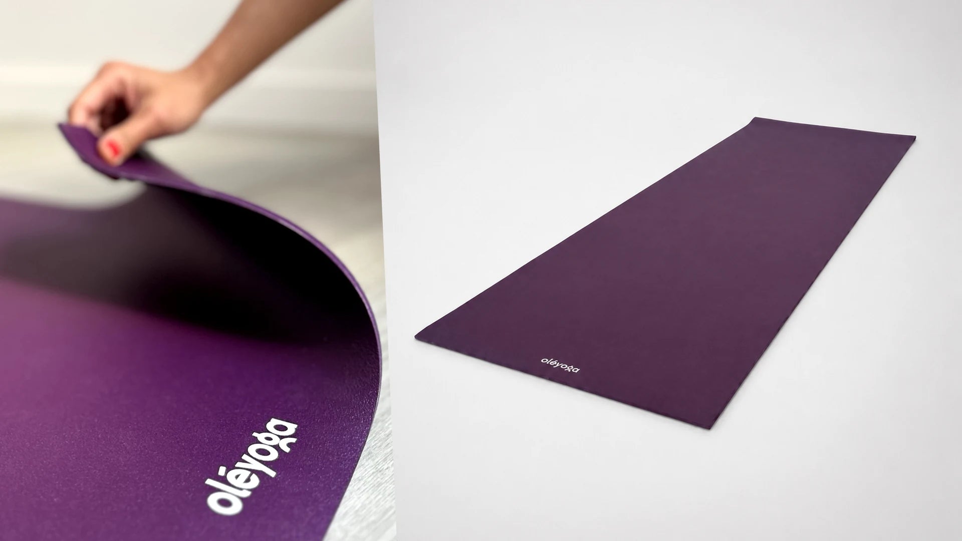 A hand lifting the corner of a purple natural rubber yoga mat, next to the full mat unrolled