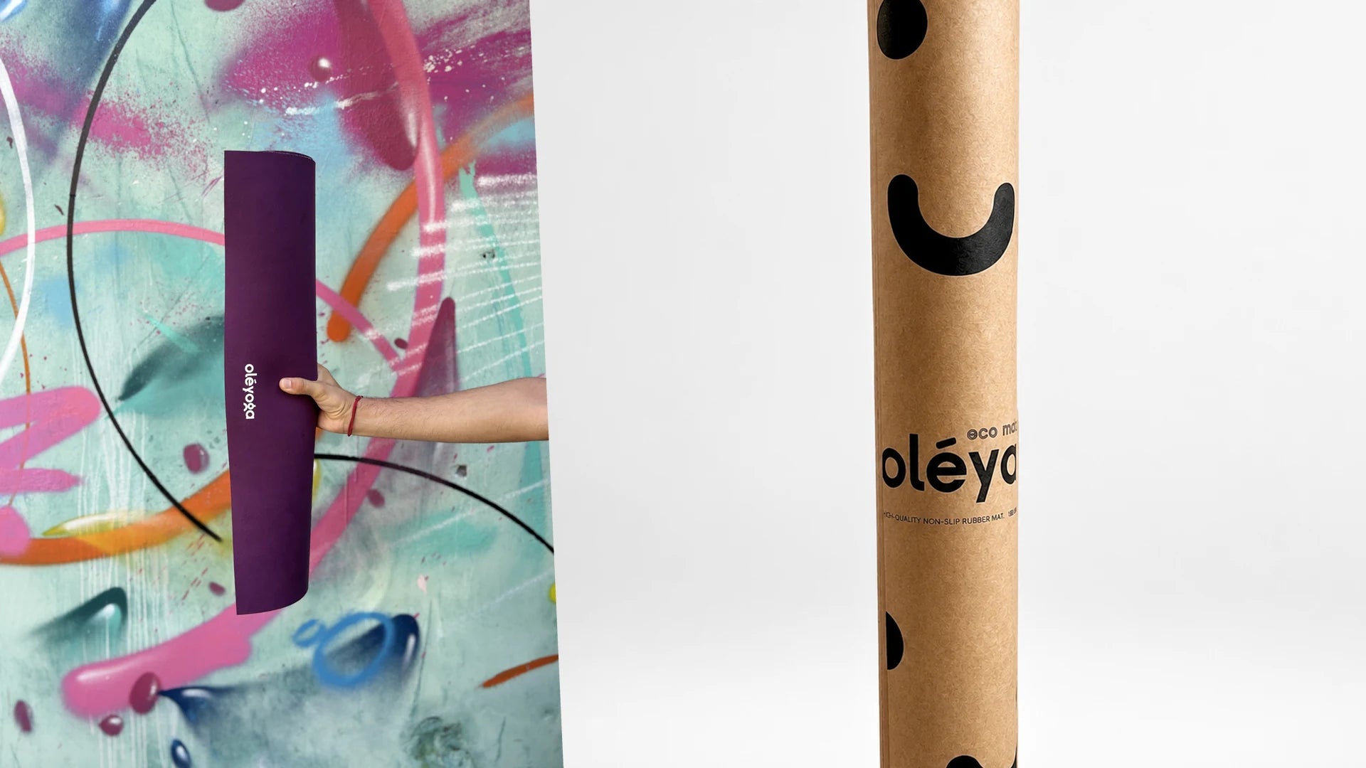 A hand holding a purple yoga mat against street art, next to kraft packaging for the mat