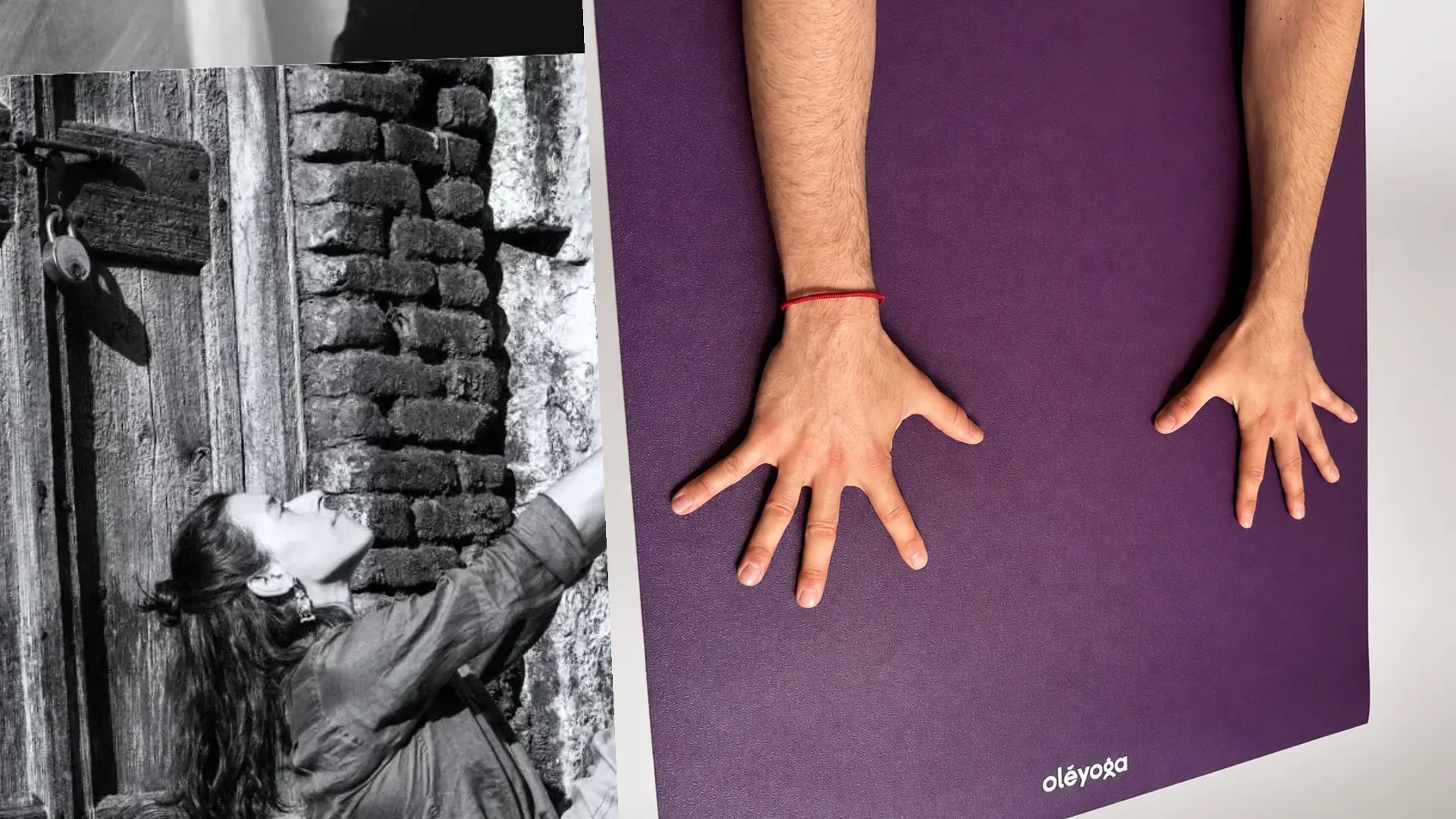 Black and white photo of Lucrecia Laurel reaching up by an old wooden door, next to two hands planted on the purple oléyoga mat
