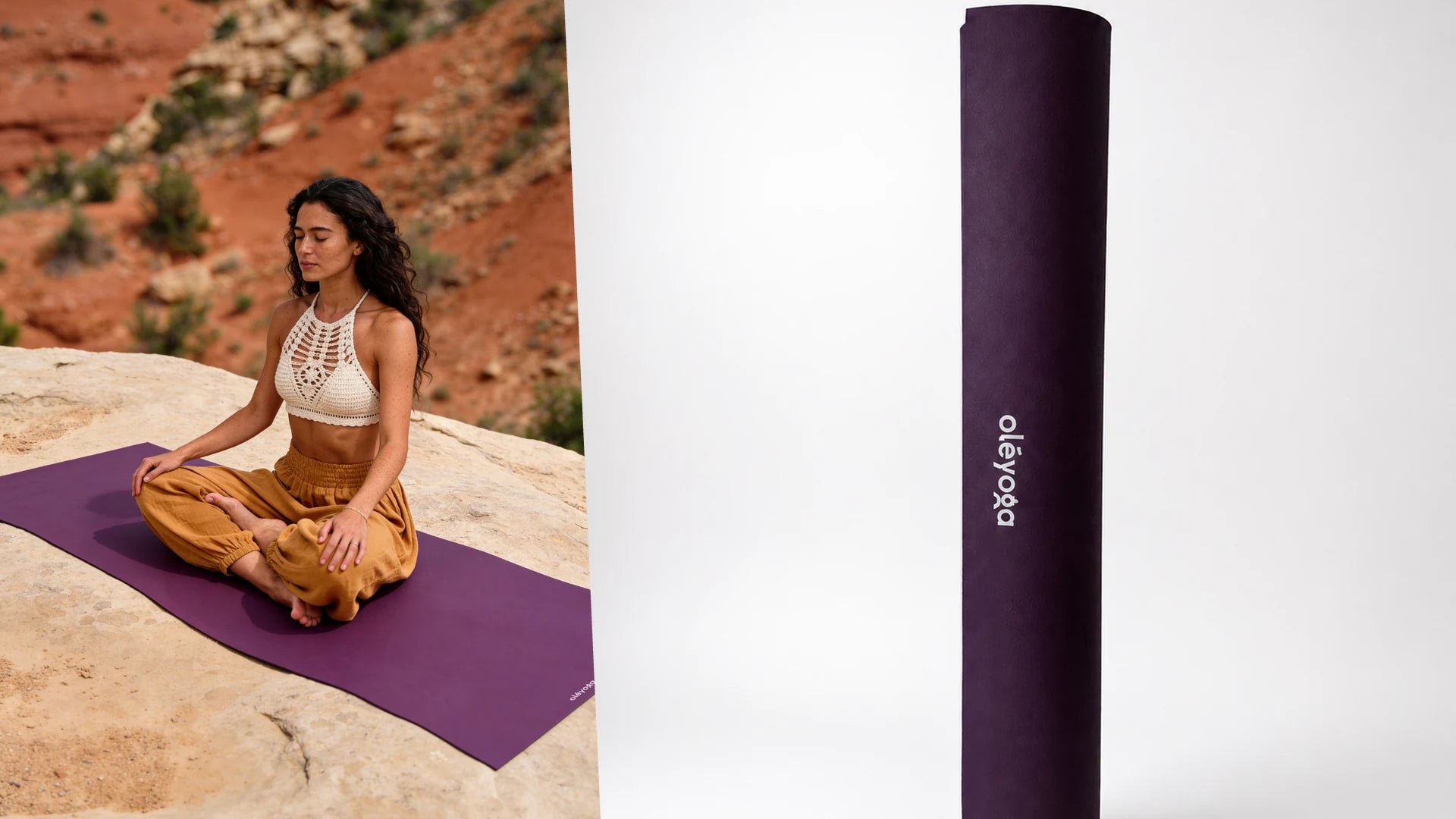 Seated meditation on a purple mat on red canyon rock, next to the mat standing rolled on a plain background