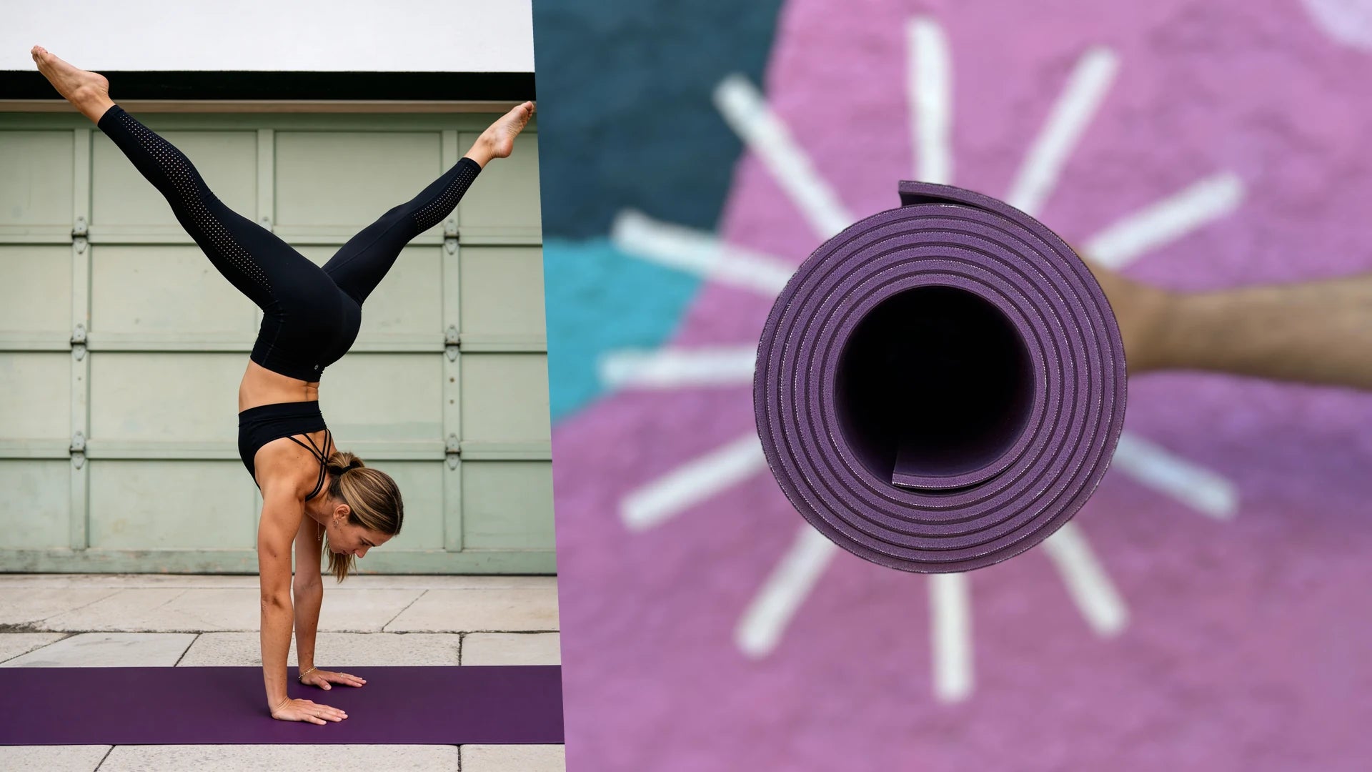 Handstand against an industrial green door, next to the rolled purple mat held against a mural with painted rays