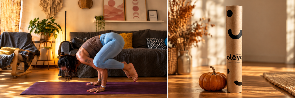 Autumn diptych: yoga on a purple mat and oléyoga packaging beside a pumpkin