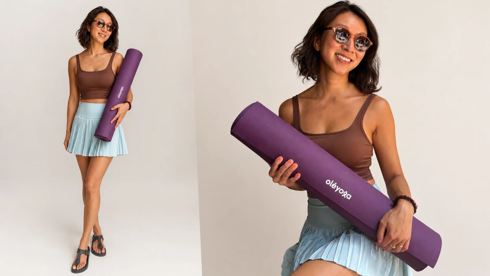 Model standing with the rolled purple oléyoga Eco Daily yoga mat, and a closer frame of the same mat with the wordmark visible