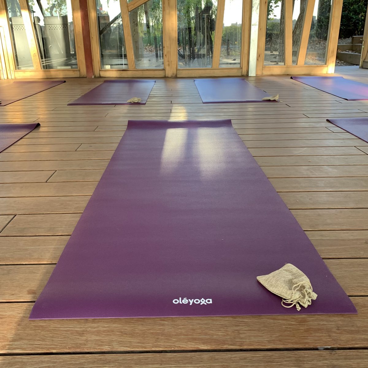 Purple oléyoga yoga mats arranged for an event in a wooden pavilion at Casa Kavi