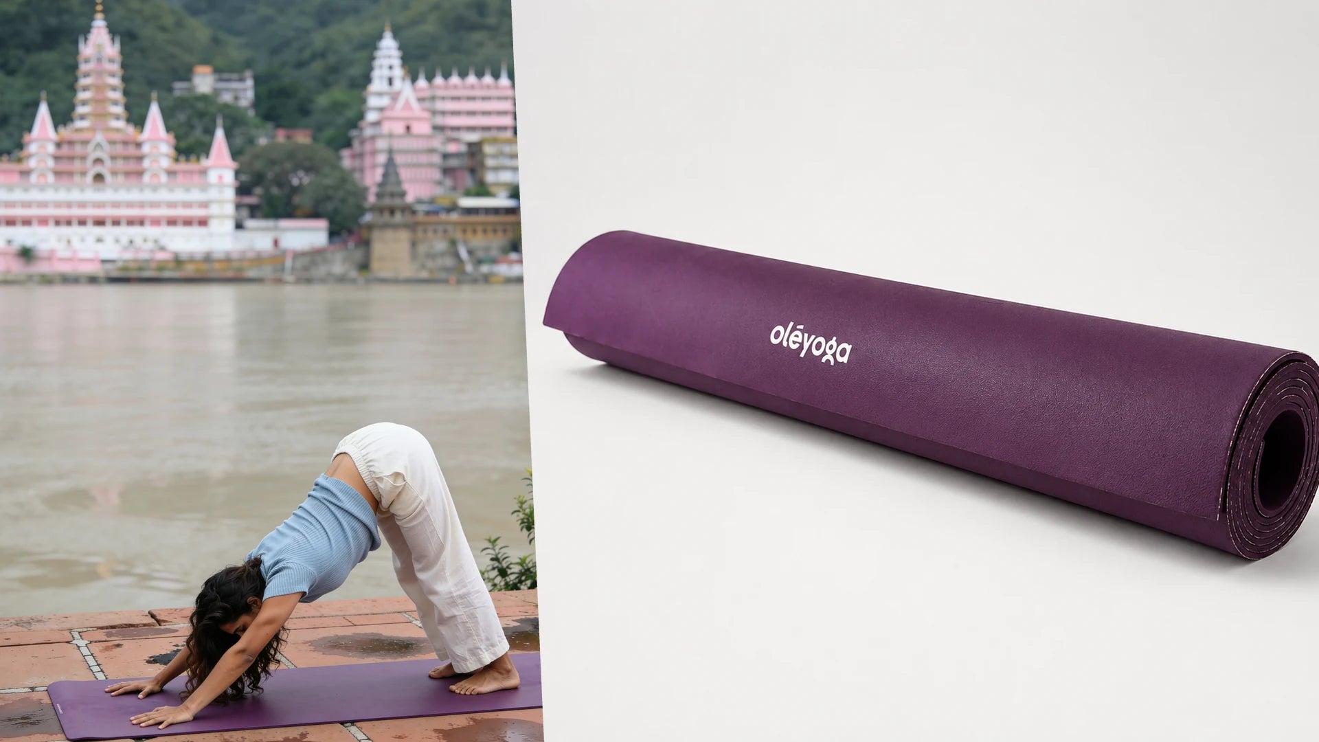 Downward dog on a purple mat by the river with the pink temples of Rishikesh behind, next to the mat rolled up
