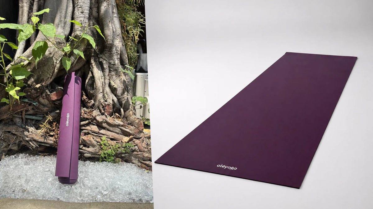 Rolled purple yoga mat standing against the aerial roots of a banyan tree, next to the mat unrolled on a plain background