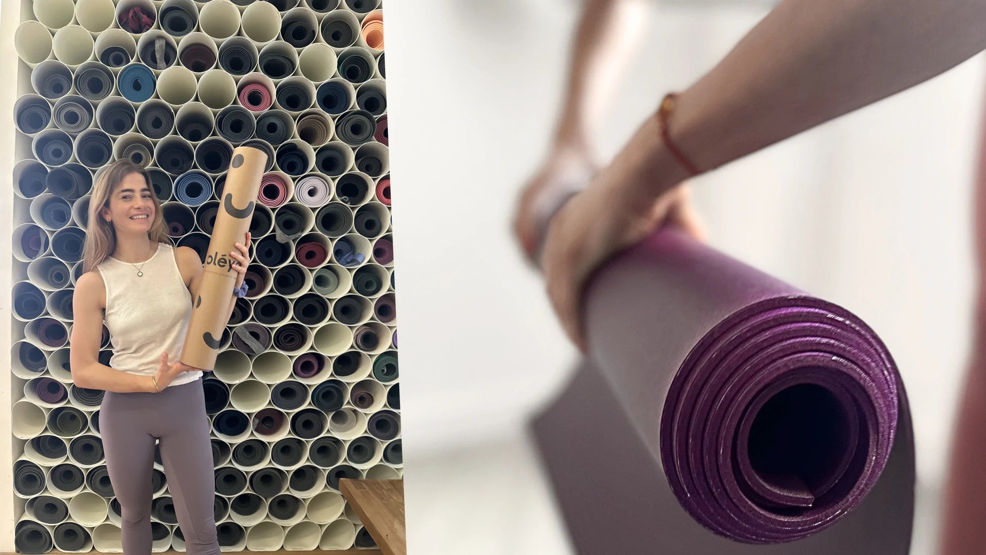 Left, a woman holding a rolled oléyoga mat in its tube in front of a wall stacked with rolled yoga mats. Right, a close-up of the purple natural rubber mat rolled up and carried in one hand.