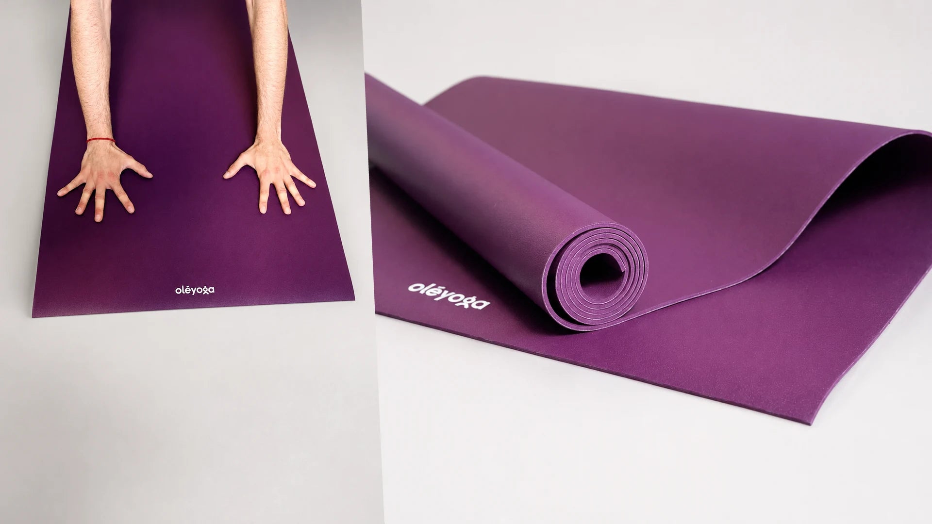 Hands pressed on a purple natural rubber yoga mat in practice, next to the same mat half-rolled showing its surface grain