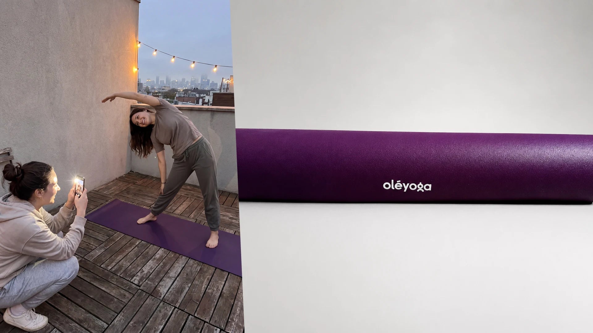 Side bend on a purple mat on a rooftop at dusk with city lights, next to the same mat rolled up on a plain background