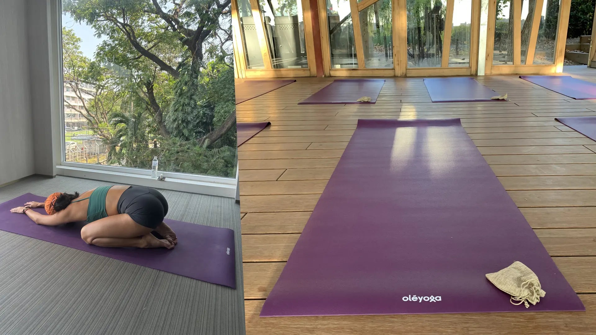 Child's pose on a purple yoga mat by a window, and empty unrolled mats waiting in a bright studio
