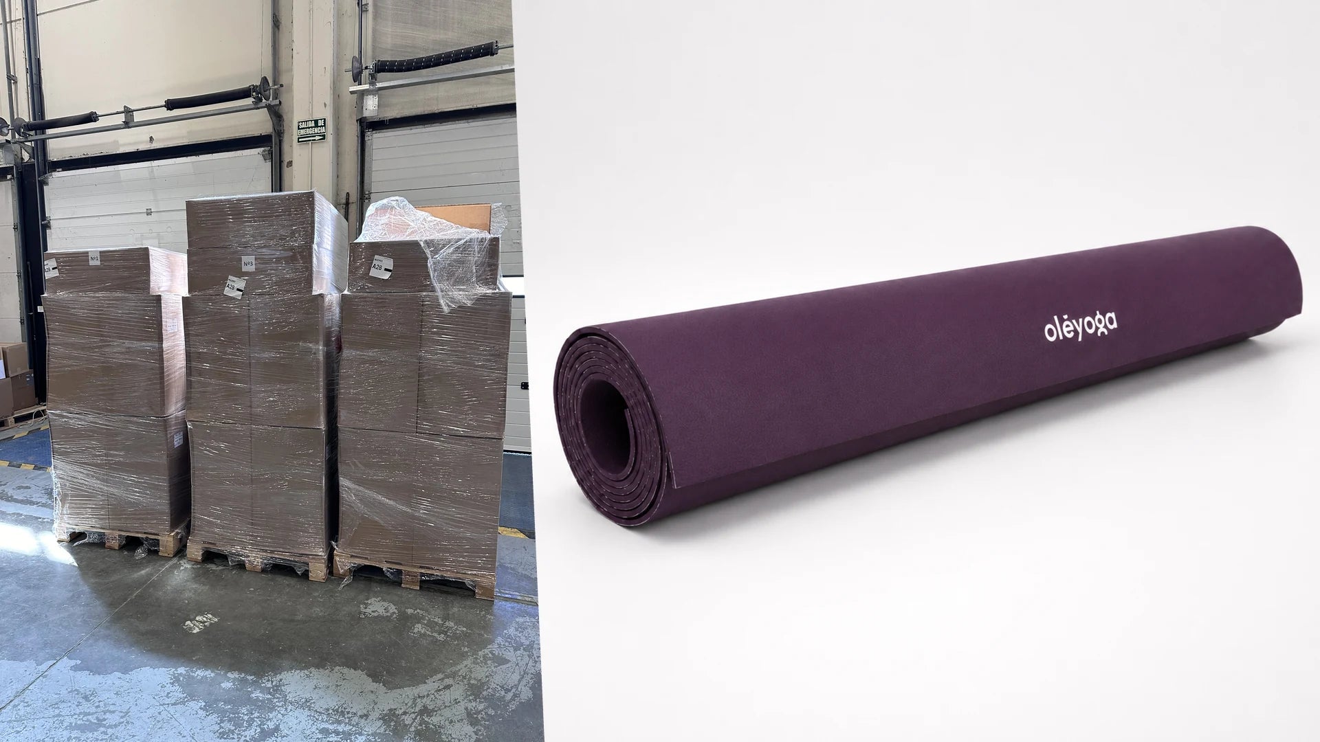 Pallets of wrapped boxes ready to ship in a warehouse, next to the purple natural rubber mat rolled up