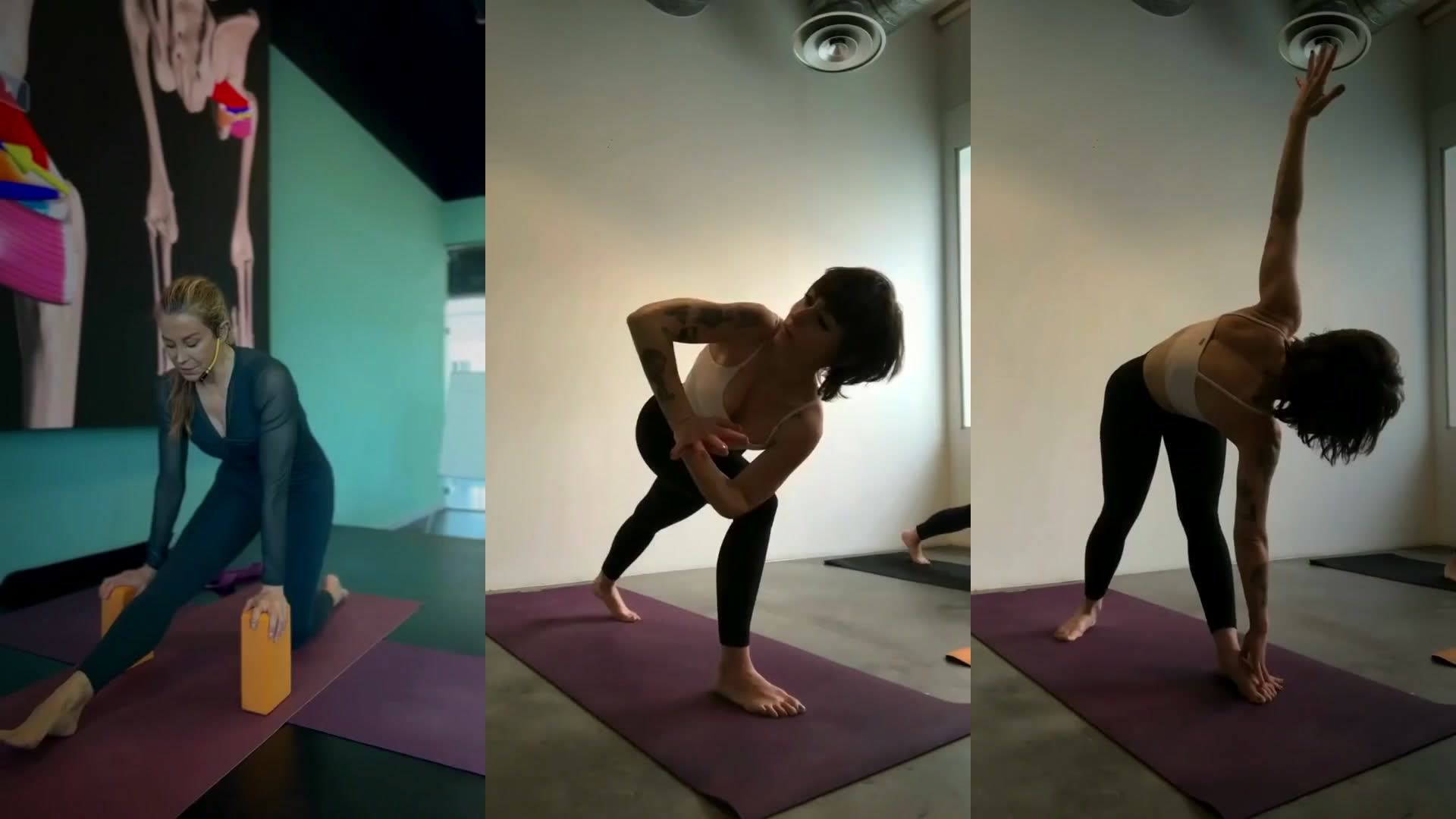 People practising yoga on a purple oléyoga natural rubber mat made in Spain