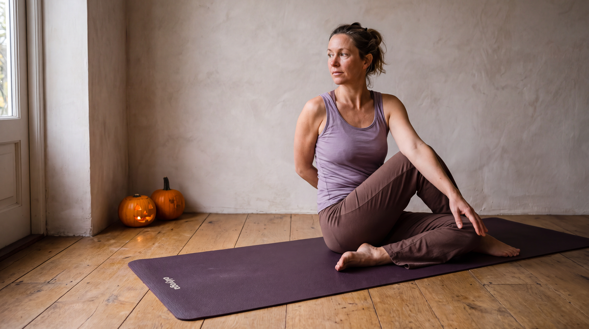 Mujer practicando una torsión de yoga sentada sobre una esterilla oléyoga junto a calabazas de Halloween