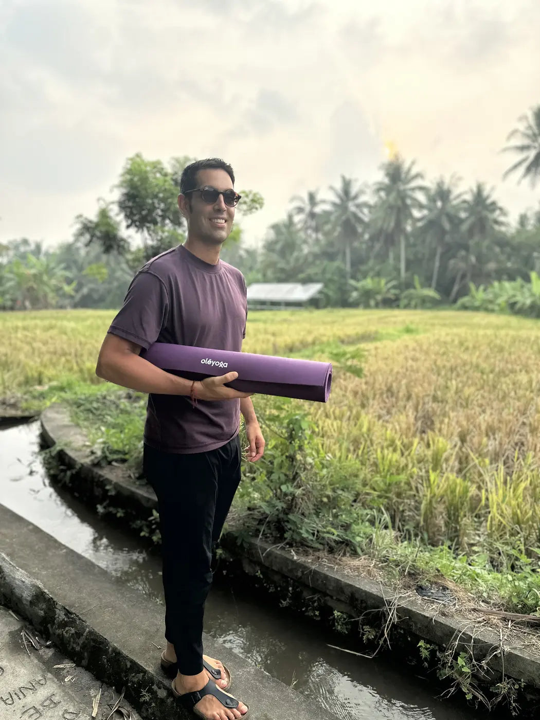Person holding a rolled purple yoga mat among palm trees