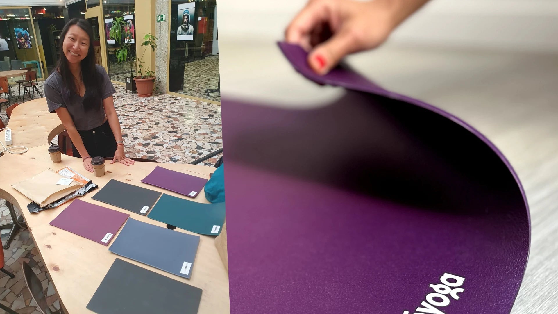 Material samples laid on a table next to a hand lifting the corner of a purple natural rubber yoga mat