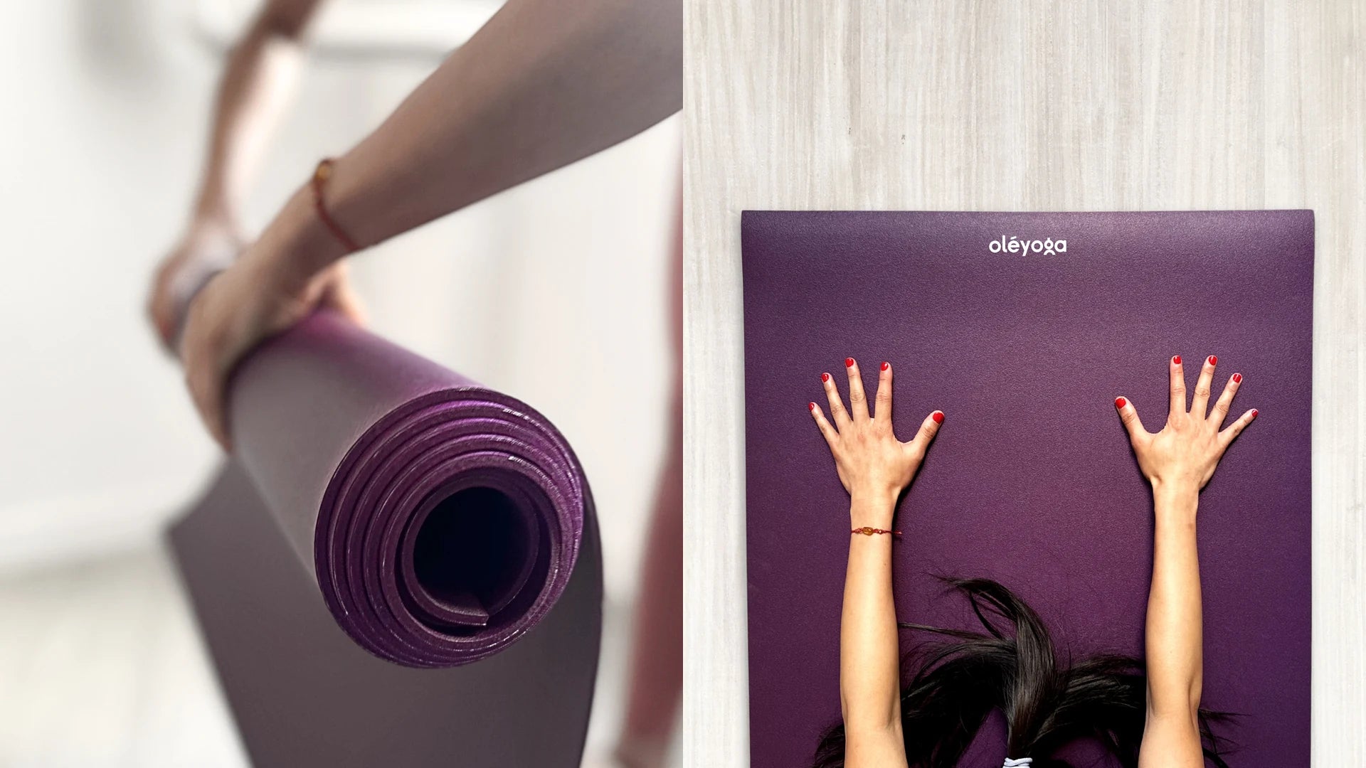 Close-up of a rolled purple natural rubber yoga mat showing its coiled edge, next to two hands resting flat on the mat surface