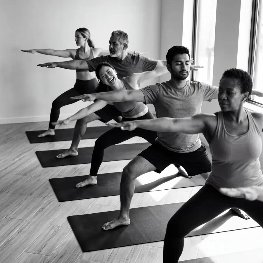 A group holding warrior pose on a row of mats in a bright studio