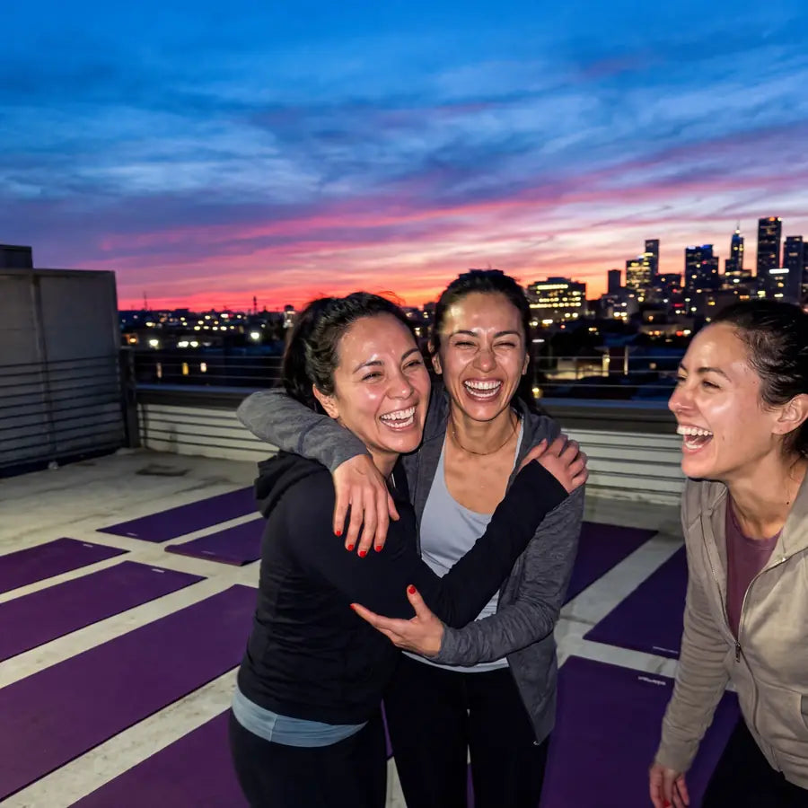 Three people hugging on a rooftop at sunset with the city behind