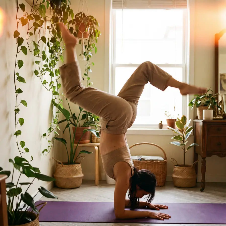Forearm balance beside a window full of plants at home