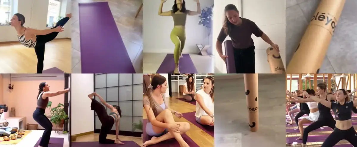 Mosaico de diez escenas reales de práctica, comunidad y esterillas oléyoga